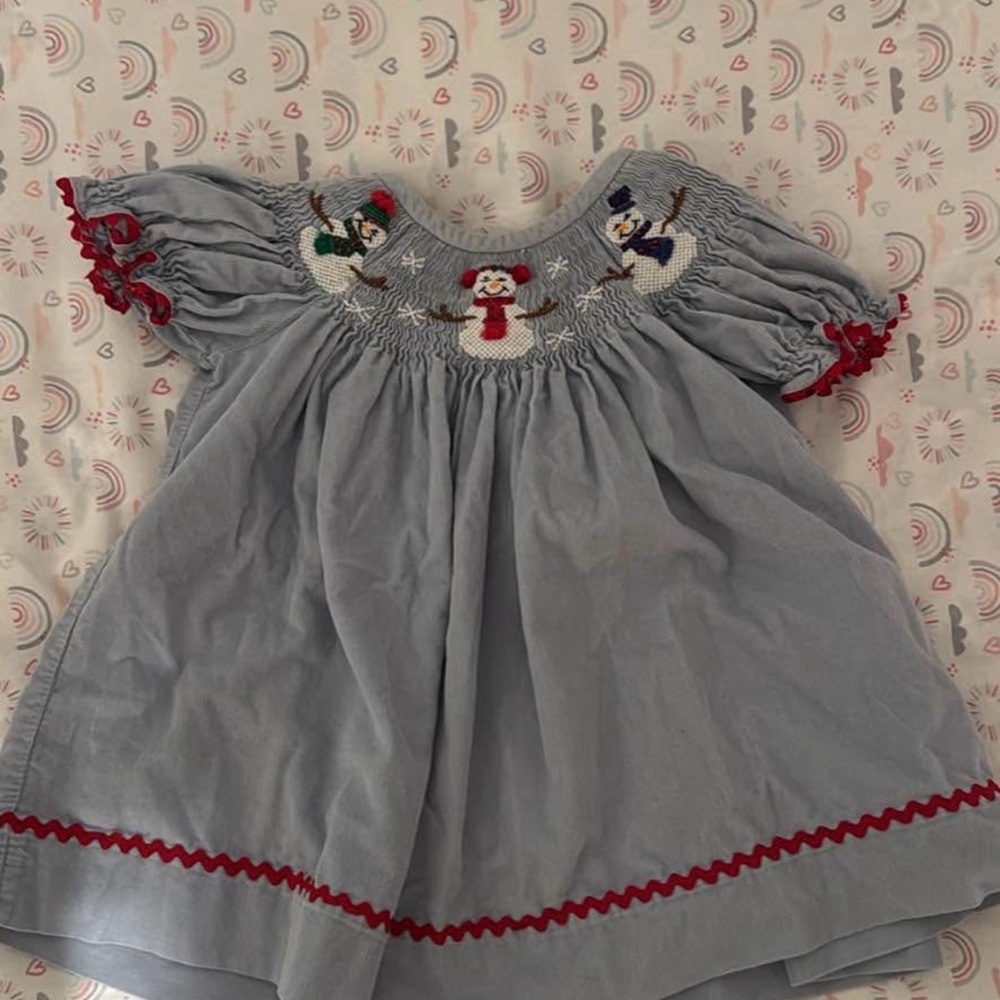 Blue Smocked Dress with Snowman Embroidery